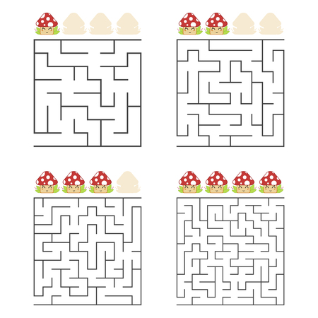 A set of square mazes. Four levels of difficulty. Cute mushrooms. Game for kids. One entrances, one exit. Labyrinth conundrum. Flat vector illustration isolated on white backgroundのイラスト素材
