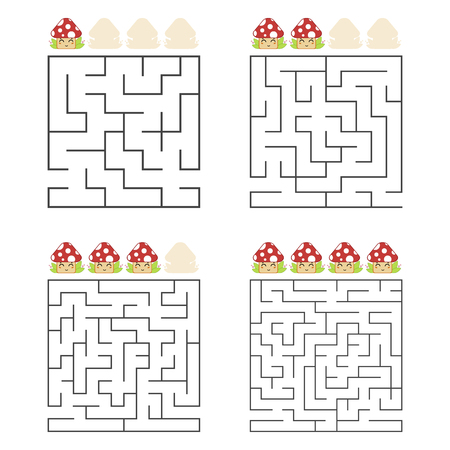 A set of square mazes. Four levels of difficulty. Cute mushrooms. Game for kids. One entrances, one exit. Labyrinth conundrum. Flat vector illustration isolated on white backgroundのイラスト素材