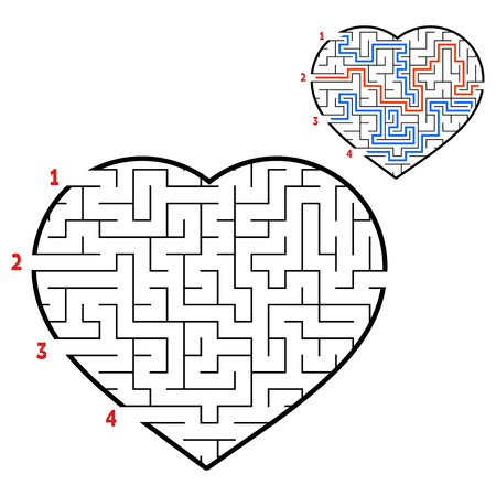 Labyrinth heart. Game for kids and adults. Find the right path. Puzzle for children. Labyrinth conundrum. Flat vector illustration isolated on white background. With the answersのイラスト素材