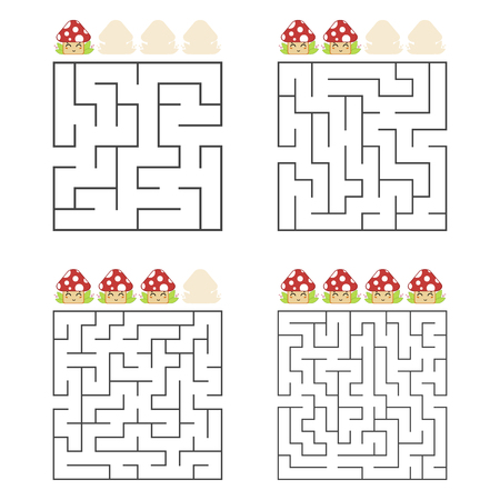 A set of square mazes. Four levels of difficulty. Cute mushrooms. Game for kids. One entrances, one exit. Labyrinth conundrum. Flat vector illustration isolated on white backgroundのイラスト素材