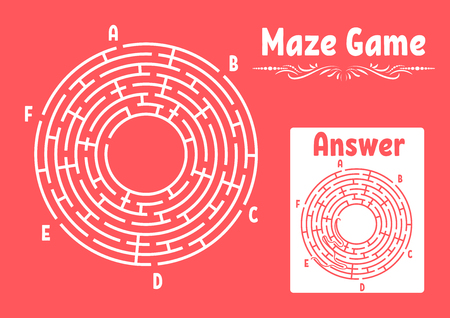 Abstract round maze. Game for kids. Puzzle for children. Labyrinth conundrum. Flat vector illustration isolated on color background. With answer. Vintage styleのイラスト素材