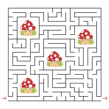 Abstract square maze. An interesting and useful game for children. Collect all the cute mushrooms. Simple flat vector illustration isolated on white backgroundのイラスト素材