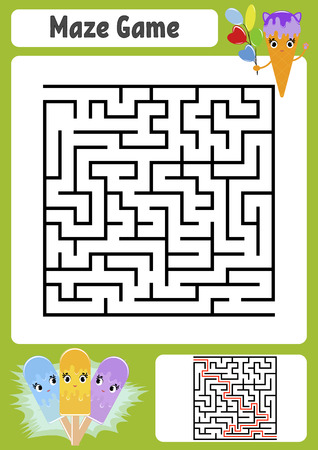 Abstract square maze. Kids worksheets. Game puzzle for children. Cute ice cream. One entrances, one exit. Labyrinth conundrum. Vector illustration. With answer.のイラスト素材