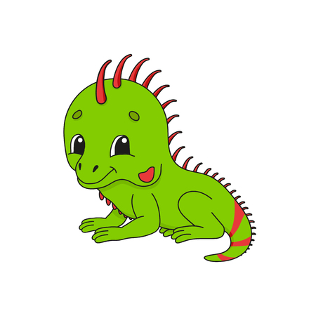 Green iguana. Cute flat vector illustration in childish cartoon style. Funny character. Isolated on white backgroundのイラスト素材