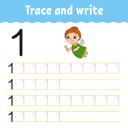 Trace and write. Handwriting practice. Learning numbers for kids. Education developing worksheet. Activity page. Game for toddlers and preschoolers. Isolated vector illustration in cute cartoon styleのイラスト素材