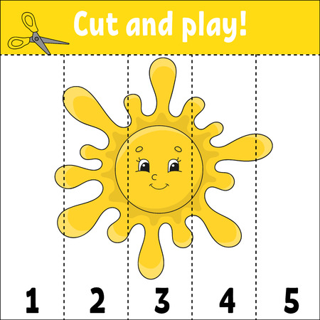 Learning numbers. Cut and play. Education developing worksheet. Game for kids. Activity page. Puzzle for children. Riddle for preschool. Flat isolated vector illustration. Cute cartoon styleのイラスト素材