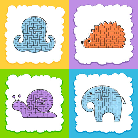 A set of mazes. Cartoon style. Visual worksheets. Activity page. Game for kids. Puzzle for children. Maze conundrum. Color vector illustrationのイラスト素材