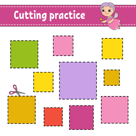 Cutting practice for kids. Education developing worksheet. Activity page with pictures. Game for children. Isolated vector illustration. Funny character. Cartoon styleのイラスト素材