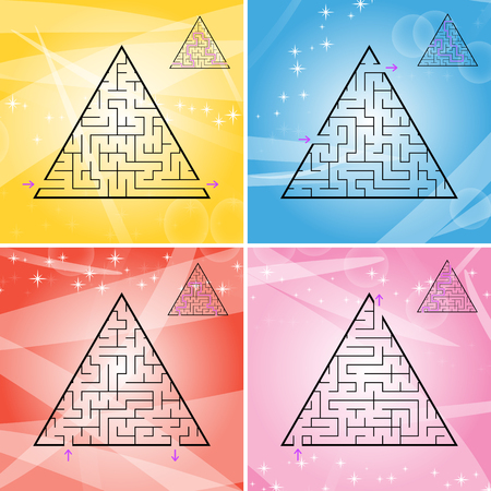 A set of four triangular labyrinths with a black stroke. A game for children. A simple flat vector illustration isolated on a colored background. With the answerのイラスト素材