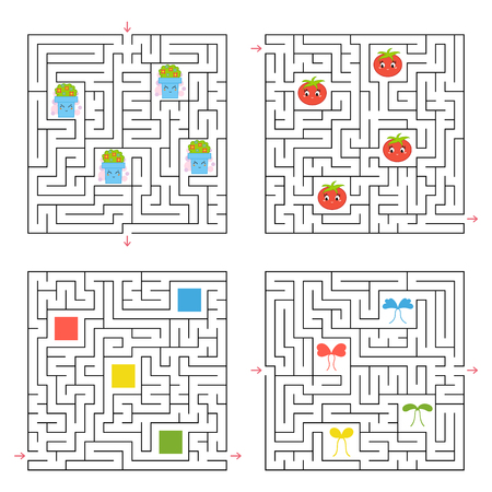 A set of four square labyrinths. Collect all the items and find a way out of the maze. An interesting game for children. Simple flat vector illustrationのイラスト素材