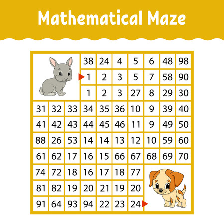 Mathematical colored square maze. Education developing worksheet. Game for kids. Puzzle for children. The study of numbers. Labyrinth conundrum. Flat vector illustration isolated on white backgroundのイラスト素材