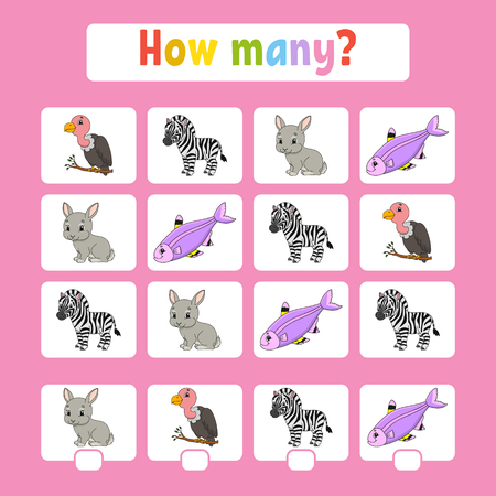 Counting game for children of preschool age. Learning mathematics. How many animals in the picture. With space for answers. Simple flat isolated vector illustration in cute cartoon styleのイラスト素材