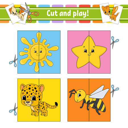 Cut and play. Flash cards. Color puzzle. Education developing worksheet. Activity page. Game for children. Funny character. Isolated vector illustration. Cartoon styleのイラスト素材