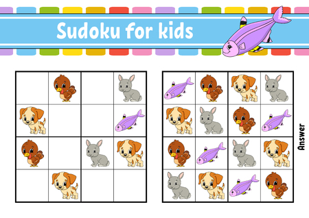 Sudoku for kids. Education developing worksheet. Activity page with pictures. Puzzle game for children and toddler. Logical thinking training. Isolated vector illustration. Cartoon styleのイラスト素材