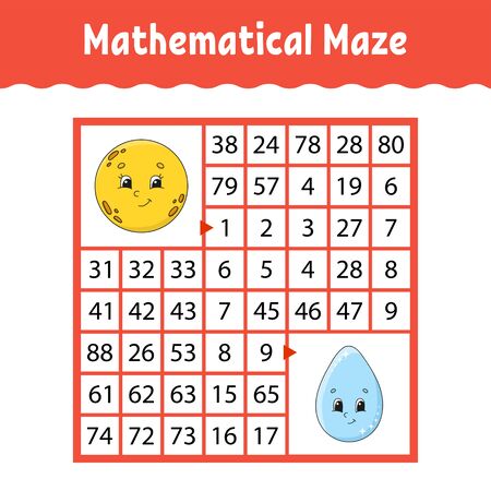 Mathematical colored square maze. Education developing worksheet. Game for kids. Puzzle for children. The study of numbers. Labyrinth conundrum. Flat vector illustration isolated on white backgroundのイラスト素材