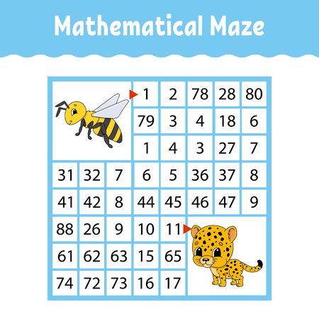 Mathematical colored square maze. Education developing worksheet. Game for kids. Puzzle for children. The study of numbers. Labyrinth conundrum. Flat vector illustration isolated on white backgroundのイラスト素材