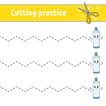 Cutting practice for kids. Education developing worksheet. Activity page with pictures. Game for children. Isolated vector illustration. Funny character. Cartoon style.のイラスト素材