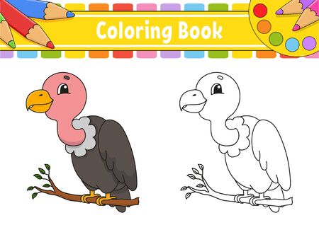 Coloring book for kids. Cheerful character. Vector color illustration. Cute cartoon style. Fantasy page for children. Black contour silhouette. Isolated on white background.のイラスト素材