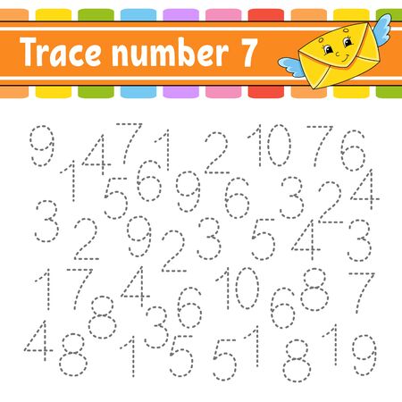 Trace number. Handwriting practice. Learning numbers for kids. Education developing worksheet. Activity page. Game for toddlers and preschoolers. Isolated vector illustration in cute cartoon style.のイラスト素材