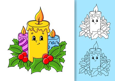 Christmas burning candles decorated with holly leaves. Set of vector illustrations isolated on white and colored background. Design element. Black stroke. Cartoon style.のイラスト素材