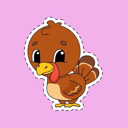 Sticker with contour. Turkey bird. Cartoon character. Colorful vector illustration. Isolated on color background. Template for your design.のイラスト素材