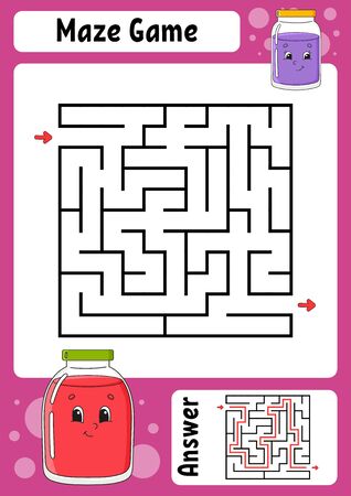 Square maze. Game for kids. Funny labyrinth. Education developing worksheet. Activity page. Puzzle for children. Cartoon style. Riddle for preschool. Logical conundrum. Color vector illustration.のイラスト素材