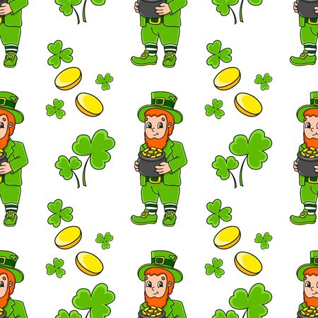 Color seamless pattern. Leprechaun with a pot of gold. St. Patrick 's Day. Cartoon style. Hand drawn. Vector illustration isolated on white background.のイラスト素材