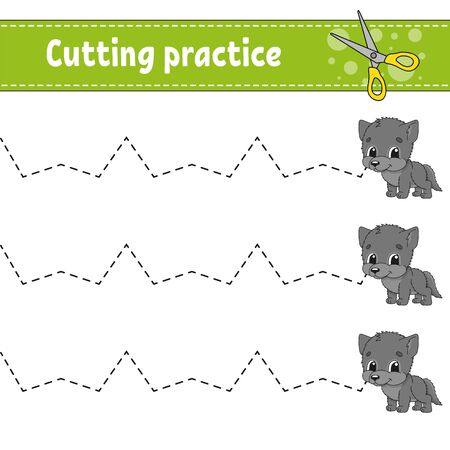 Cutting practice for kids. Animal wolf. Education developing worksheet. Activity page. Color game for children. Isolated vector illustration. Cartoon character.のイラスト素材