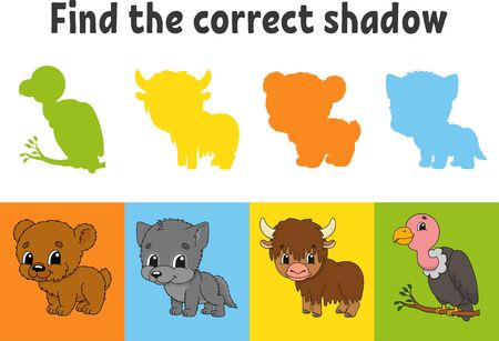 Find the correct shadow. Education worksheet. Matching game for kids. Bear, wolf, yak, vulture. Color activity page. Puzzle for children. Cartoon character. Isolated vector illustration.のイラスト素材