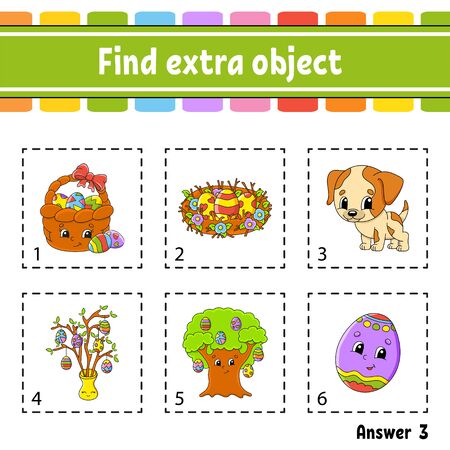 Find extra object. Educational activity worksheet for kids and toddlers. Game for children. Happy characters. Simple flat color isolated vector illustration in cute cartoon style.のイラスト素材