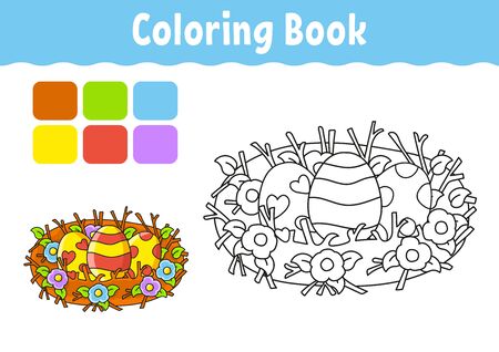 Coloring book for kids. Cheerful character. Easter nest. Vector illustration. Cute cartoon style. Fantasy page for children. Black contour silhouette. Isolated on white background.のイラスト素材