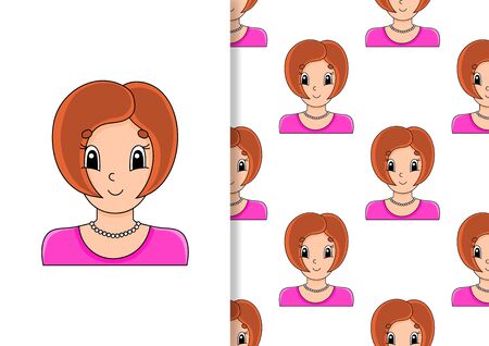 Seamless pattern. Beautiful cute fashionable girl with jewelry. Cartoon style. Hand drawn. Color vector illustration isolated on white background.のイラスト素材