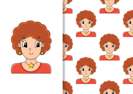 Seamless pattern. Beautiful cute fashionable girl with jewelry. Cartoon style. Hand drawn. Color vector illustration isolated on white background.のイラスト素材