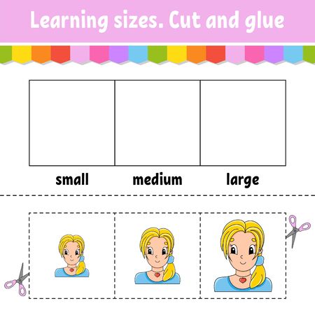 Learning sizes. Cut and glue. Easy level. Color activity worksheet. Game for children. Cartoon character. Vector illustration.のイラスト素材