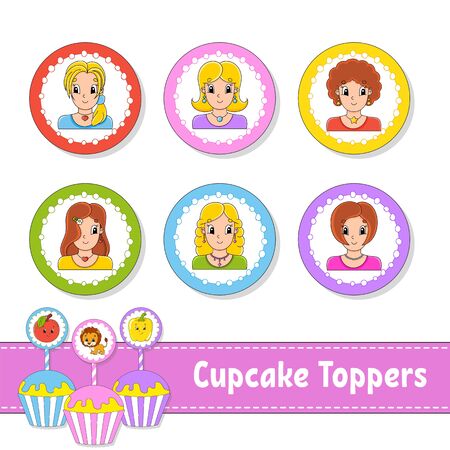 Cupcake Toppers. Set of six round pictures. Beautiful smile girls. Cartoon characters. Cute image. For birhday, party, baby shower.のイラスト素材