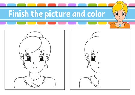 Finish the picture and color. Cartoon character isolated on white background. For kids education. Activity worksheet.のイラスト素材