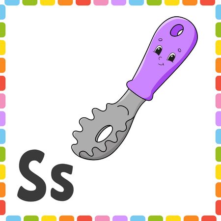 English alphabet. Letter S - spaghetti spoon. ABC square flash cards. Cartoon character isolated on white background. Developing worksheet. Learning letters. Color vector illustration.のイラスト素材