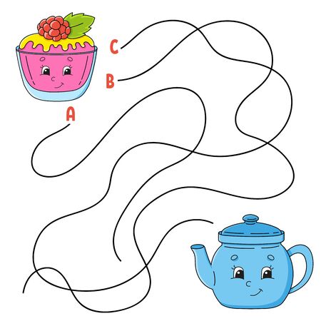 Easy maze. Cake and teapot. Labyrinth for kids. Activity worksheet. Puzzle for children. Cartoon character. Logical conundrum. Color vector illustration.のイラスト素材