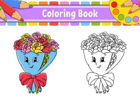 Coloring book for kids. Bouquet of flowers roses on wrapping paper with bow. Cartoon character. Vector illustration. Black contour silhouette. Isolated on white background.のイラスト素材