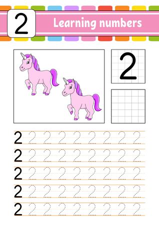 Trace and write. Handwriting practice. Learning numbers for kids. Education developing worksheet. Activity page. Isolated vector illustration in cute cartoon style.のイラスト素材