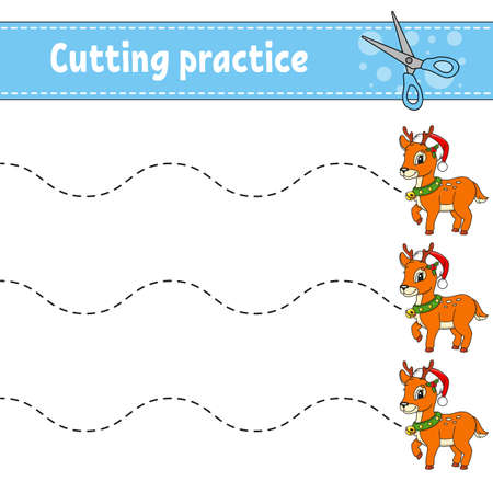 Cutting practice for kids. Education developing worksheet. Activity page. Color game for children. Isolated vector illustration. Cartoon character.のイラスト素材