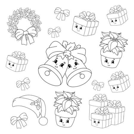 Coloring book for kids. Merry Christmas theme. Cheerful characters. Vector illustration. Cute cartoon style. Black contour silhouette. Isolated on white background.のイラスト素材