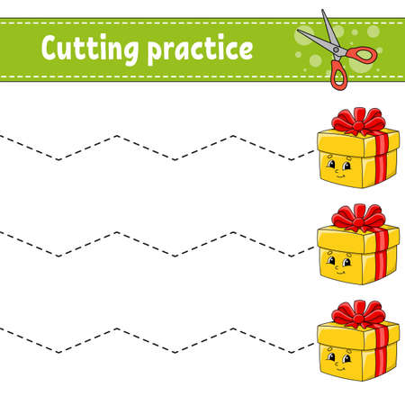 Cutting practice for kids. Education developing worksheet. Activity page. Color game for children. Isolated vector illustration. Cartoon character.のイラスト素材