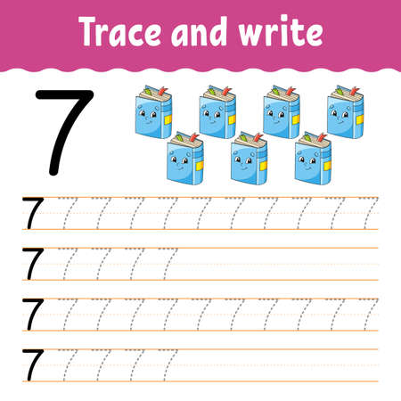 Learn Numbers. Trace and write. Back to school. Handwriting practice. Learning numbers for kids. Education developing worksheet. Isolated vector illustration in cute cartoon style.のイラスト素材