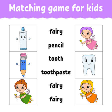 Matching game for kids. Find the correct answer. Draw a line. Learning words. Activity worksheet. Cartoon character.のイラスト素材
