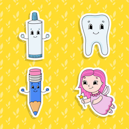 Set of bright color stickers for kids. Cute cartoon characters. Vector illustration isolated on color background.のイラスト素材