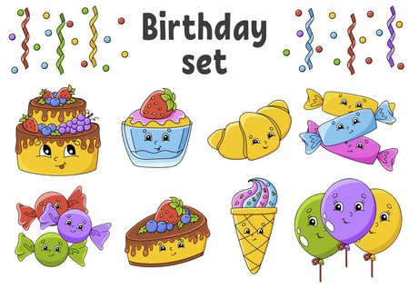 Set of stickers with cute cartoon characters. Happy birthday theme. Hand drawn. Colorful pack. Vector illustration. Patch badges collection. Label design elements. For daily planner, diary, organizer.のイラスト素材
