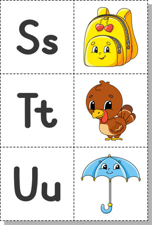 English alphabet with cartoon characters. Flash cards. Vector set. Bright color style. Learn ABC. Lowercase and uppercase letters.のイラスト素材