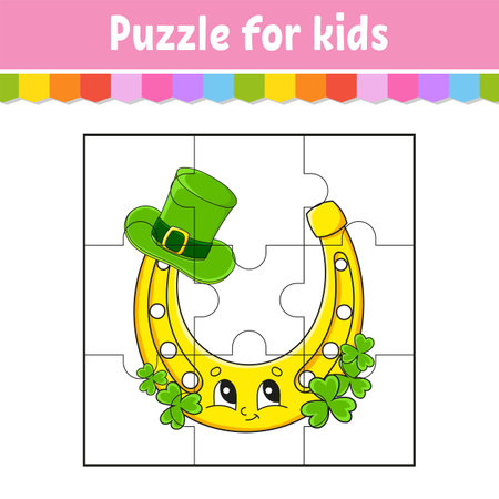 Puzzle game for kids. Jigsaw pieces. Color worksheet. Activity page. St. Patrick's day. Isolated vector illustration. Cartoon style.のイラスト素材