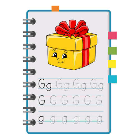Writing letters - G. Tracing page. Practice sheet. Worksheet for kids. Exercise for preschools. Learn alphabet. Cute characters. Vector illustration. Cartoon style.のイラスト素材